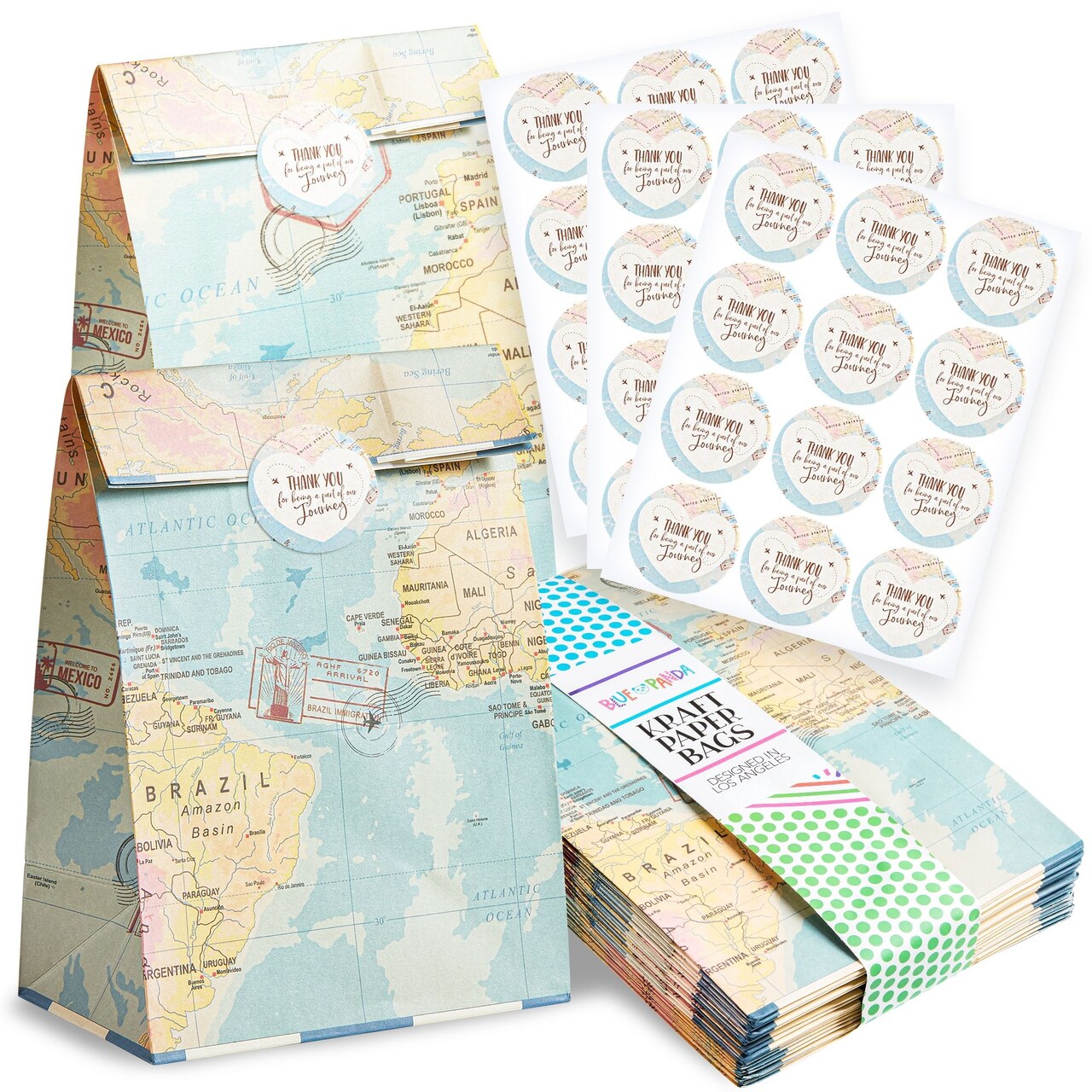Blue Panda 36 Pack World Map Travel Favor Bags with Stickers Gift Bag for Travel Themed Party Decorations, Birthday Baby Shower Goodie Bags for Kids 8.7 x 5.15 x 5.15 inch